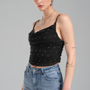 Crop Top Negro Draped con Detalles de Perlas